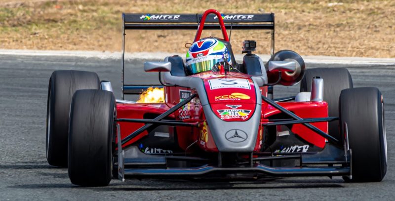 Gilmores Racing's Formula 3 at Queensland Raceway with flames coming out of exhaust