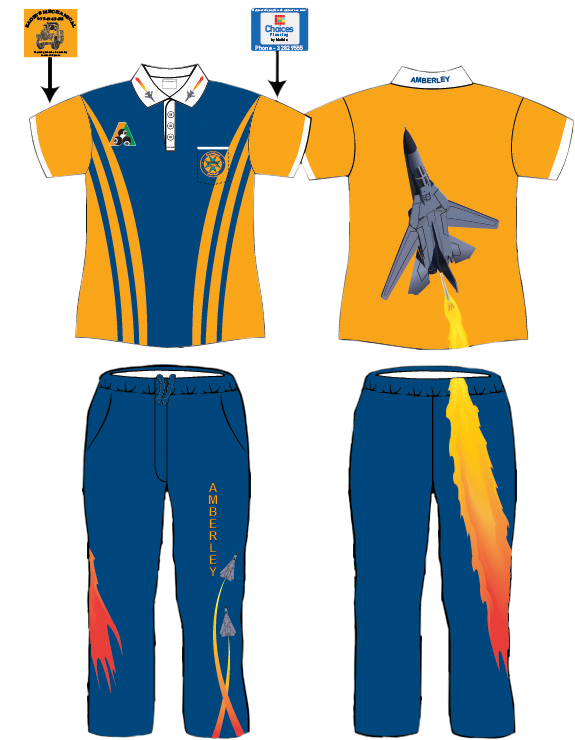 The orange and royal blue Amberley Bowls Club Uniform with the mighty F111 Fighter Bomber Aircraft performing the Dump & Burn