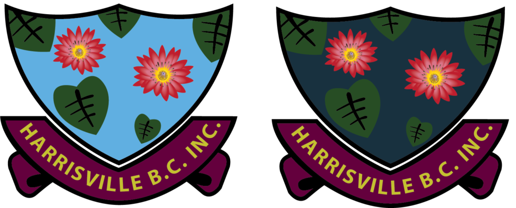 Two version of the Harrisville Bowls Club Emblem. On the left the lilies flowers and leaves set on blue water background. On the right with water colour a dark blue